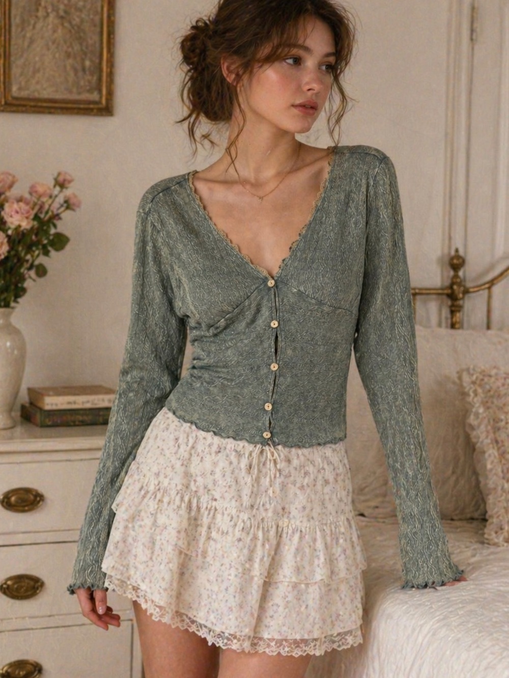 Soft Girl Coquette Lace‑Trim Gray Knit Button Front Top XL